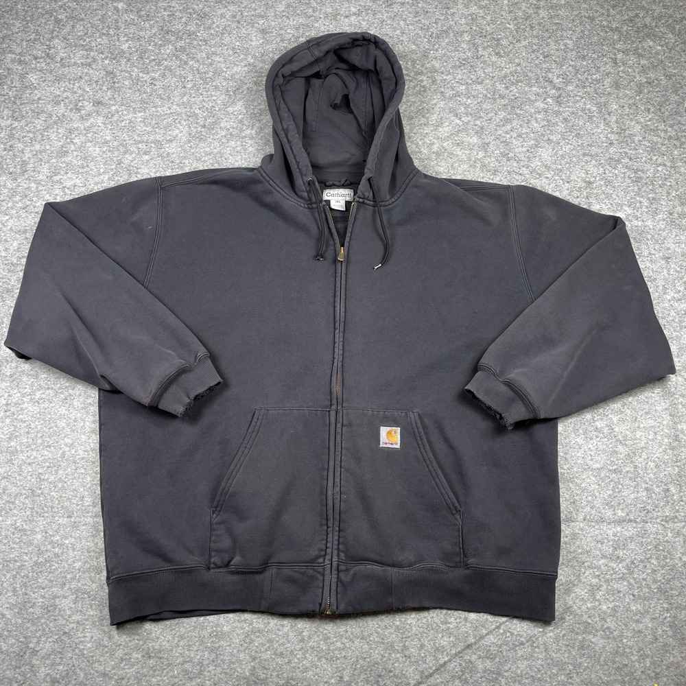 Carhartt Full Zip Hoodie Mens 2XL Black Heavyweight Distressed Workwear
